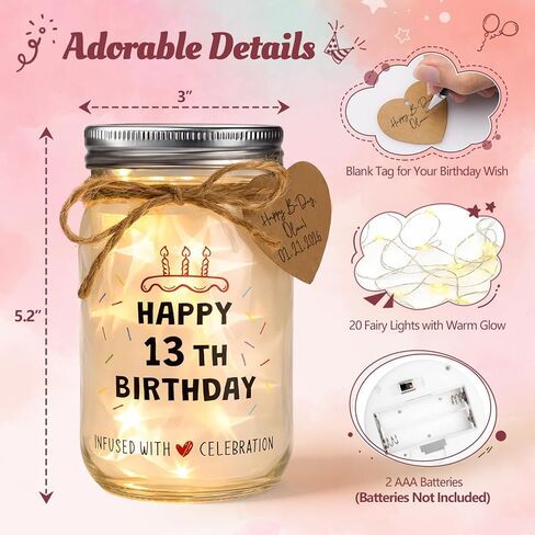 هدايا عيد الميلاد الثالث عشر للفتيات - "HAPPY 13TH BIRTHDAY" ضوء ليلي بجرة ميسون زجاجية، 20 مصباح LED خرافي وفيلم عاكس للنجوم، هدية تذكار لعيد ميلاد فتاة تبلغ من العمر 13 عامًا ديكور لطيف للغرفة in Kuwait