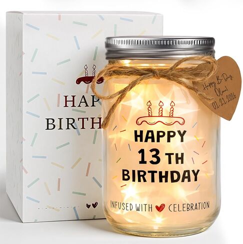 هدايا عيد الميلاد الثالث عشر للفتيات - "HAPPY 13TH BIRTHDAY" ضوء ليلي بجرة ميسون زجاجية، 20 مصباح LED خرافي وفيلم عاكس للنجوم، هدية تذكار لعيد ميلاد فتاة تبلغ من العمر 13 عامًا ديكور لطيف للغرفة in Kuwait