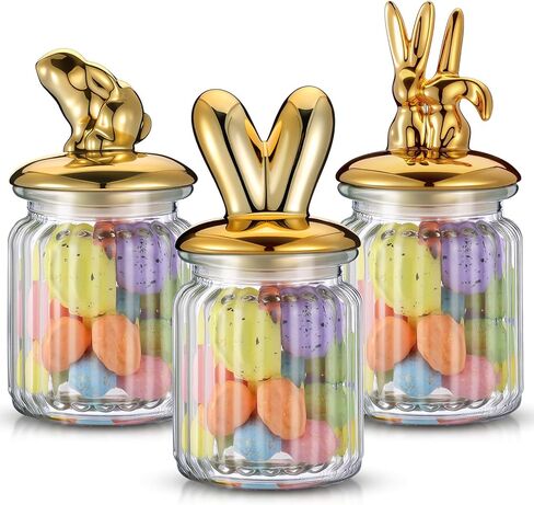 Bokon 3 Pcs 8.5oz Easter Glass Jar with Vintage Gold Bunny Clear Candy Jar Decorative Rabbit Food Storage Canister with Airtight Ceramic Lid for Easter Party Tea Cookie Table Decoration in Saudi Arabia