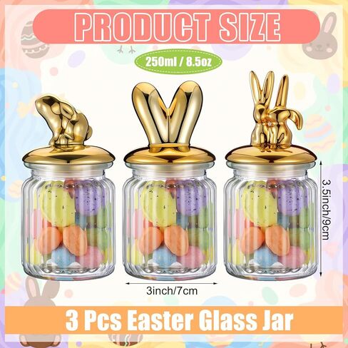 Bokon 3 Pcs 8.5oz Easter Glass Jar with Vintage Gold Bunny Clear Candy Jar Decorative Rabbit Food Storage Canister with Airtight Ceramic Lid for Easter Party Tea Cookie Table Decoration in Saudi Arabia
