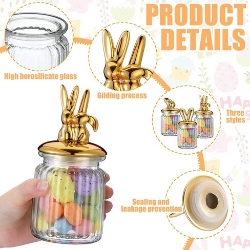 Bokon 3 Pcs 8.5oz Easter Glass Jar with Vintage Gold Bunny Clear Candy Jar Decorative Rabbit Food Storage Canister with Airtight Ceramic Lid for Easter Party Tea Cookie Table Decoration in Saudi Arabia