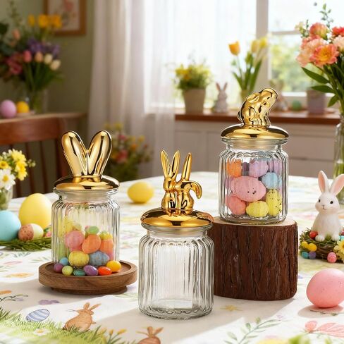 Bokon 3 Pcs 8.5oz Easter Glass Jar with Vintage Gold Bunny Clear Candy Jar Decorative Rabbit Food Storage Canister with Airtight Ceramic Lid for Easter Party Tea Cookie Table Decoration in Saudi Arabia