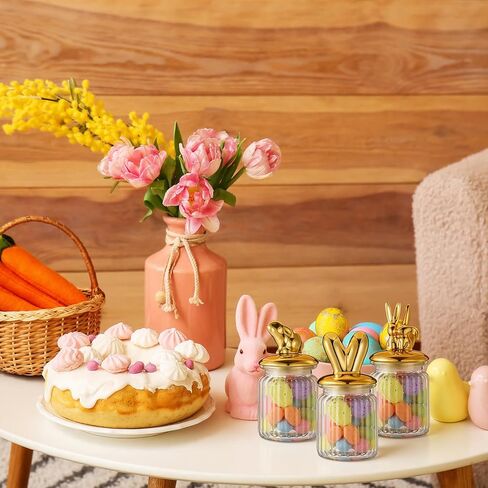 Bokon 3 Pcs 8.5oz Easter Glass Jar with Vintage Gold Bunny Clear Candy Jar Decorative Rabbit Food Storage Canister with Airtight Ceramic Lid for Easter Party Tea Cookie Table Decoration in Saudi Arabia