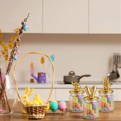Bokon 3 Pcs 8.5oz Easter Glass Jar with Vintage Gold Bunny Clear Candy Jar Decorative Rabbit Food Storage Canister with Airtight Ceramic Lid for Easter Party Tea Cookie Table Decoration in Saudi Arabia