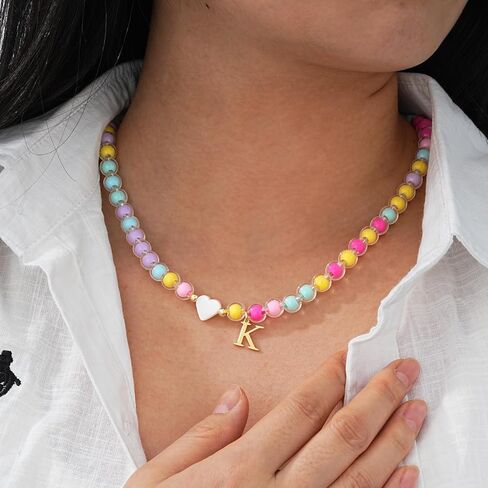 Colorful Beaded A-Z Initial Letter Necklaces, 14K Gold Plated Lightweight Birthday Gifts Trendy Stuff for Her Jewelry 17 + 3 Inches in Saudi Arabia