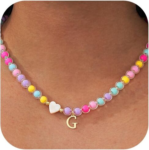 Colorful Beaded A-Z Initial Letter Necklaces, 14K Gold Plated Lightweight Birthday Gifts Trendy Stuff for Her Jewelry 17 + 3 Inches in Saudi Arabia