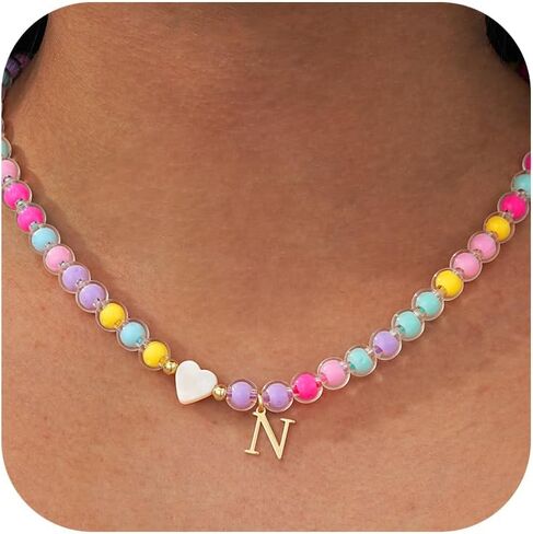Colorful Beaded A-Z Initial Letter Necklaces, 14K Gold Plated Lightweight Birthday Gifts Trendy Stuff for Her Jewelry 17 + 3 Inches in Saudi Arabia