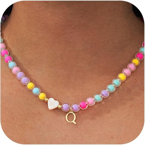 Colorful Beaded A-Z Initial Letter Necklaces, 14K Gold Plated Lightweight Birthday Gifts Trendy Stuff for Her Jewelry 17 + 3 Inches in Saudi Arabia