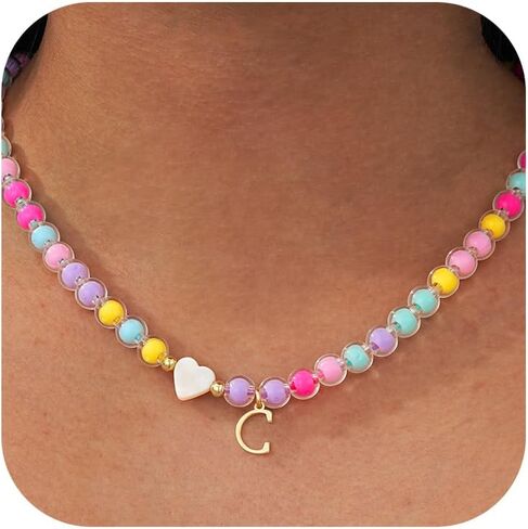 Colorful Beaded A-Z Initial Letter Necklaces, 14K Gold Plated Lightweight Birthday Gifts Trendy Stuff for Her Jewelry 17 + 3 Inches in Saudi Arabia