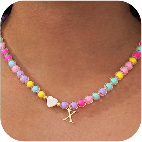 Colorful Beaded A-Z Initial Letter Necklaces, 14K Gold Plated Lightweight Birthday Gifts Trendy Stuff for Her Jewelry 17 + 3 Inches in Saudi Arabia