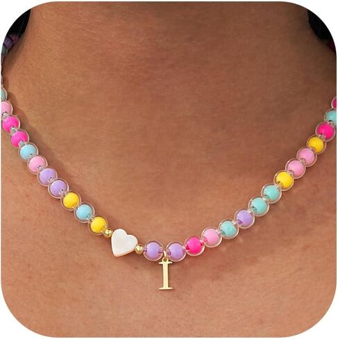 Colorful Beaded A-Z Initial Letter Necklaces, 14K Gold Plated Lightweight Birthday Gifts Trendy Stuff for Her Jewelry 17 + 3 Inches in Saudi Arabia