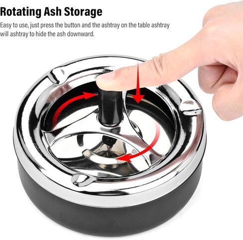 منفضة سجائر ادفع للأسفل مع صينية دوارة منفضة سجائر معدنية حديثة في الهواء الطلق مع غطاء مقاوم للرياح كبير 5.2 بوصة للاستخدام المنزلي والمكتب الداخلي والخارجي (أسود) in Kuwait