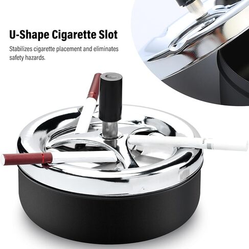 منفضة سجائر ادفع للأسفل مع صينية دوارة منفضة سجائر معدنية حديثة في الهواء الطلق مع غطاء مقاوم للرياح كبير 5.2 بوصة للاستخدام المنزلي والمكتب الداخلي والخارجي (أسود) in Kuwait