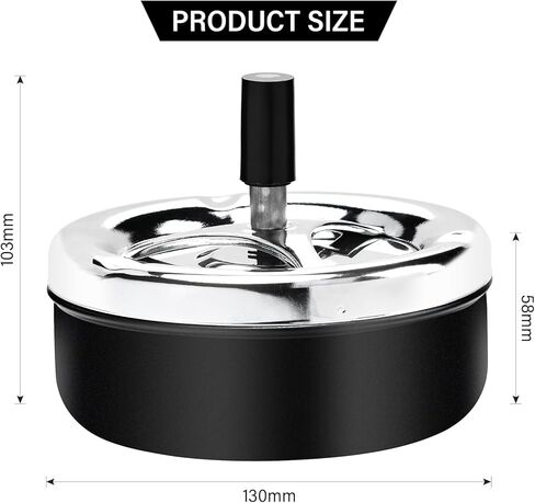 منفضة سجائر ادفع للأسفل مع صينية دوارة منفضة سجائر معدنية حديثة في الهواء الطلق مع غطاء مقاوم للرياح كبير 5.2 بوصة للاستخدام المنزلي والمكتب الداخلي والخارجي (أسود) in Kuwait