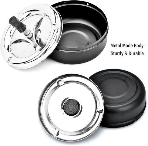 منفضة سجائر ادفع للأسفل مع صينية دوارة منفضة سجائر معدنية حديثة في الهواء الطلق مع غطاء مقاوم للرياح كبير 5.2 بوصة للاستخدام المنزلي والمكتب الداخلي والخارجي (أسود) in Kuwait