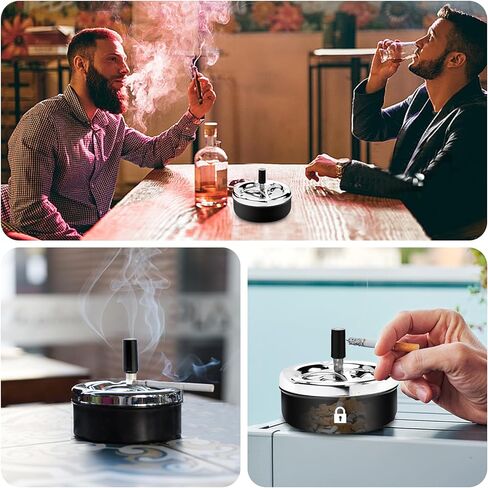 منفضة سجائر ادفع للأسفل مع صينية دوارة منفضة سجائر معدنية حديثة في الهواء الطلق مع غطاء مقاوم للرياح كبير 5.2 بوصة للاستخدام المنزلي والمكتب الداخلي والخارجي (أسود) in Kuwait