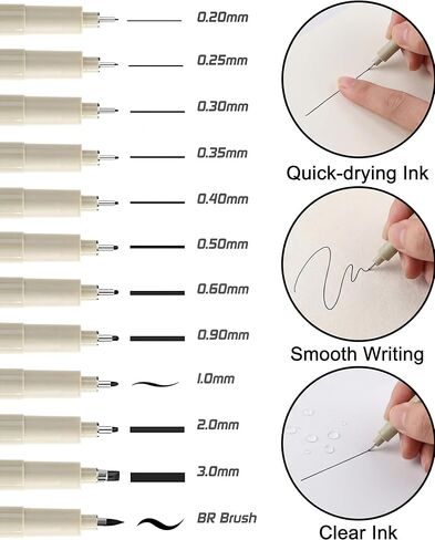 أقلام رسم فنية من EBOT Micro Fineliner، 12 قلم تحديد أسود رفيع مقاوم للماء خط فني احترافي للرسم بالألوان المائية رسم توضيحي لخط المانغا ورسم مخطط Zentangle in Kuwait