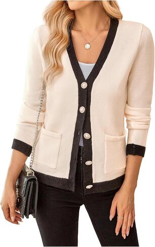 WDIRARA Women's Casual Flap Detail Button Front Cardigan V Neck Long Sleeve Contrast Trim Coat in Saudi Arabia