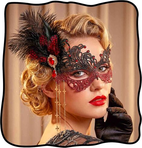 قناع تنكر من الدانتيل من الريش، أقنعة قابلة للفصل بشرابة فينيسية 1920، إكسسوارات حفلات الكرة للنساء in Kuwait