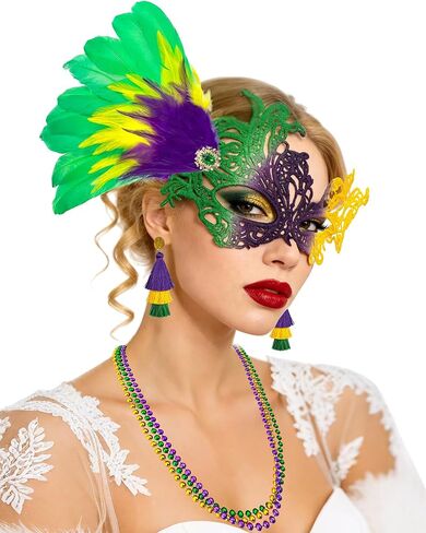 Mardi Gras Mask for Women, Carnival Masquerade Masks with Feathers for Venetian Party Dress Halloween Costumes Party Favors in Kuwait