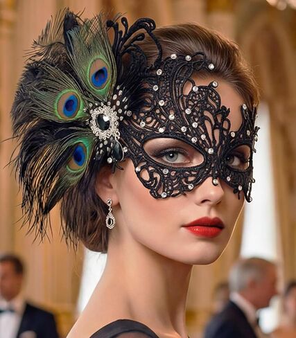 Feather Lace Masquerade Mask, Venetian Ball Party Accessories for Women, Carnivals Venetian Antifaz in Saudi Arabia