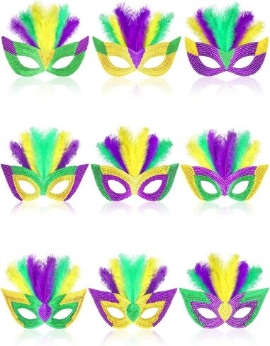 9-Pack Masks, Masquerade Party Masks for Adults Kids Feathered Glitter Eye Masks in Purple, Green Gold for Carnival Party Decorations in Saudi Arabia