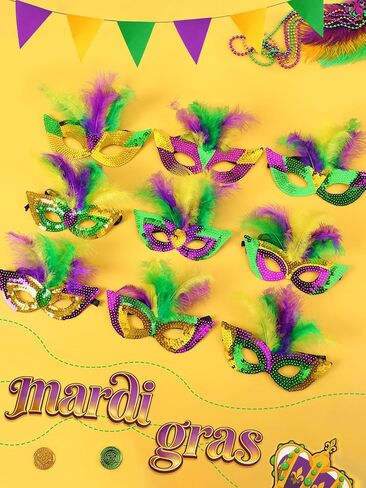 9-Pack Masks, Masquerade Party Masks for Adults Kids Feathered Glitter Eye Masks in Purple, Green Gold for Carnival Party Decorations in Saudi Arabia
