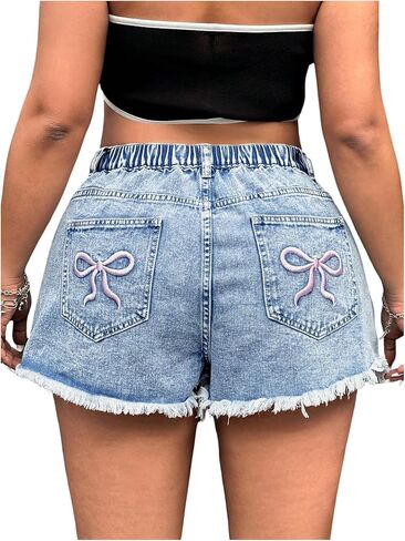 SweatyRocks Women's Jean Shorts High Waist Plus Size Bow Embroidery Raw Trim Denim Shorts in Saudi Arabia