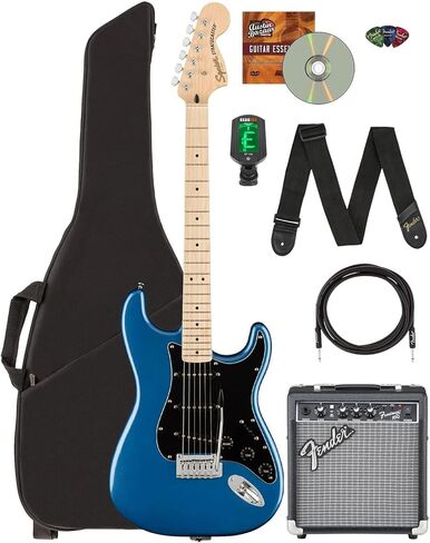 Fender Squier Affinity Stratocaster HSS Limited Edition - Olympic White Bundle with Frontman 10G Amplifier, Instrument Cable, Gig Bag, Tuner, Strap, Picks, and Austin Bazaar Instructional DVD in Kuwait