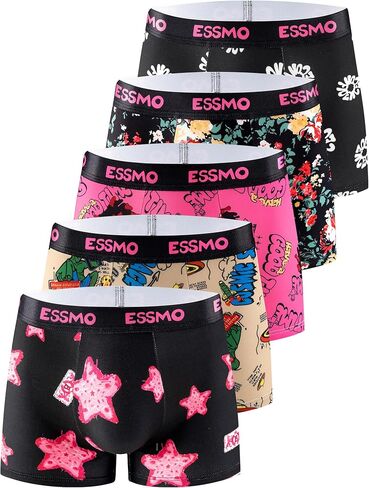 Mens Boxer Briefs 5 Pack Elastic Waist Breathable Long Underwear Mens Stretchy Supportive Cartoon Print in Saudi Arabia