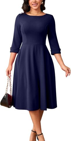 Work Dresses for Women Fit and Flare 3/4 Sleeve A-Line Silhouette Elegant Business Church Party Midi Dress with Pockets in Saudi Arabia