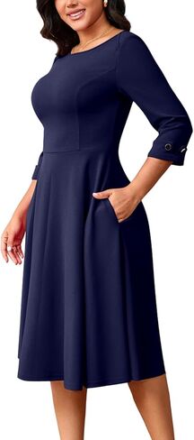 Work Dresses for Women Fit and Flare 3/4 Sleeve A-Line Silhouette Elegant Business Church Party Midi Dress with Pockets in Saudi Arabia