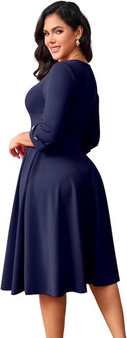 Work Dresses for Women Fit and Flare 3/4 Sleeve A-Line Silhouette Elegant Business Church Party Midi Dress with Pockets in Saudi Arabia