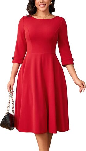 Work Dresses for Women Fit and Flare 3/4 Sleeve A-Line Silhouette Elegant Business Church Party Midi Dress with Pockets in Saudi Arabia