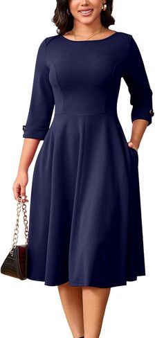Work Dresses for Women Fit and Flare 3/4 Sleeve A-Line Silhouette Elegant Business Church Party Midi Dress with Pockets in Saudi Arabia