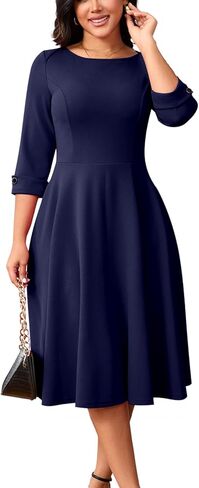 Work Dresses for Women Fit and Flare 3/4 Sleeve A-Line Silhouette Elegant Business Church Party Midi Dress with Pockets in Saudi Arabia