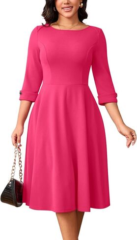 Work Dresses for Women Fit and Flare 3/4 Sleeve A-Line Silhouette Elegant Business Church Party Midi Dress with Pockets in Saudi Arabia