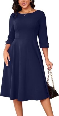 Work Dresses for Women Fit and Flare 3/4 Sleeve A-Line Silhouette Elegant Business Church Party Midi Dress with Pockets in Saudi Arabia