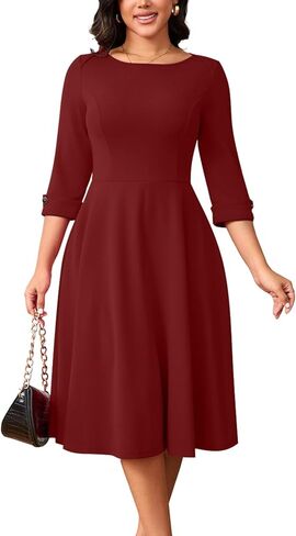 Work Dresses for Women Fit and Flare 3/4 Sleeve A-Line Silhouette Elegant Business Church Party Midi Dress with Pockets in Saudi Arabia