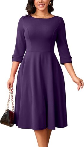 Work Dresses for Women Fit and Flare 3/4 Sleeve A-Line Silhouette Elegant Business Church Party Midi Dress with Pockets in Saudi Arabia