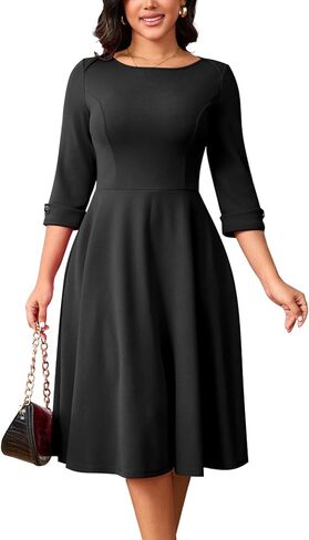 Work Dresses for Women Fit and Flare 3/4 Sleeve A-Line Silhouette Elegant Business Church Party Midi Dress with Pockets in Saudi Arabia