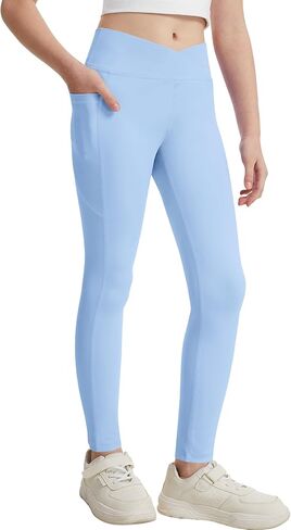 سراويل رياضية للفتيات من DOCUMO ذات خصر عالٍ متقاطعة، سراويل رياضية للأطفال قابلة للتمدد واليوجا والرقص والتمارين الرياضية والجري in Kuwait