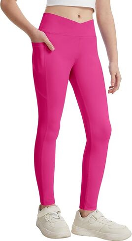 سراويل رياضية للفتيات من DOCUMO ذات خصر عالٍ متقاطعة، سراويل رياضية للأطفال قابلة للتمدد واليوجا والرقص والتمارين الرياضية والجري in Kuwait