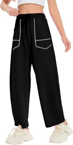 Girls Sweatpants Wide Leg Baggy Track Pants Barrel Pants Elastic Waist Drawstring with Pockets for Kids 5-14Y in Saudi Arabia