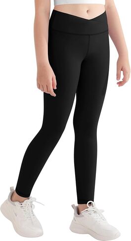 سراويل رياضية للفتيات من DOCUMO ذات خصر عالٍ متقاطعة، سراويل رياضية للأطفال قابلة للتمدد واليوجا والرقص والتمارين الرياضية والجري in Kuwait