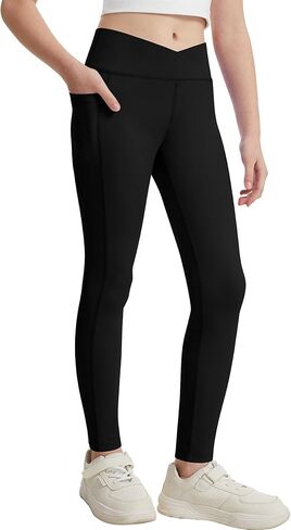 سراويل رياضية للفتيات من DOCUMO ذات خصر عالٍ متقاطعة، سراويل رياضية للأطفال قابلة للتمدد واليوجا والرقص والتمارين الرياضية والجري in Kuwait