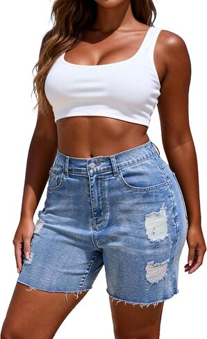 Women's Jean Shorts Bermuda Summer Demin Trendy Stretchy Ripped Raw Hem Cut Off Casual Distressed with Pockets in Saudi Arabia