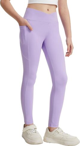 سراويل رياضية للفتيات من DOCUMO ذات خصر عالٍ متقاطعة، سراويل رياضية للأطفال قابلة للتمدد واليوجا والرقص والتمارين الرياضية والجري in Kuwait