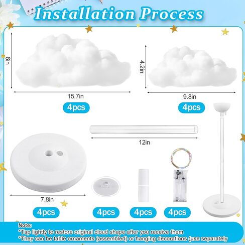 4 Set Artificial LED Cloud Lights Decor, Cloud Baby Shower Decorations 3D Fake Fluffy Cotton Clouds DIY Kit, Perfect as Wall or Table Centerpiece for Birthday Party Nursery Wedding Bridal in Kuwait