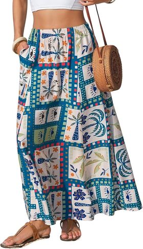 EXLURA Womens Summer Elastic Waist Floral Print Maxi Long Skirt Midi Flowy Skirt Spring Boho Beach Vacation Outfits Pockets in Saudi Arabia